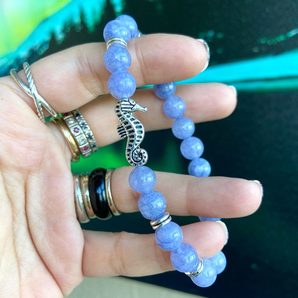 Blue angelite beads silver plated seahorse charm beaded bracelet
